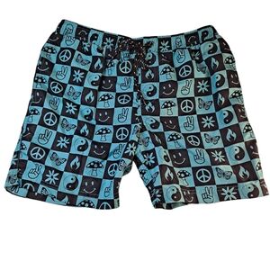 Distortion Men's M Swim Trunks 70s Logos Peace Ying Yang 50+ UPF Fast Drying